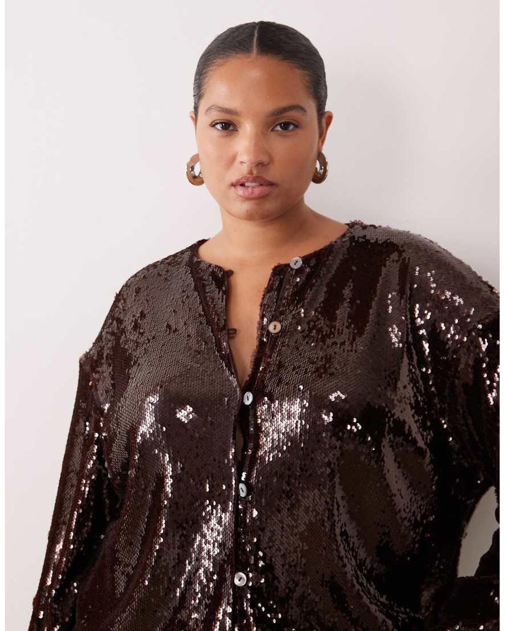 Pretty Lavish Curve Brown Sequin Shoulder Pad Detail Button Down Top