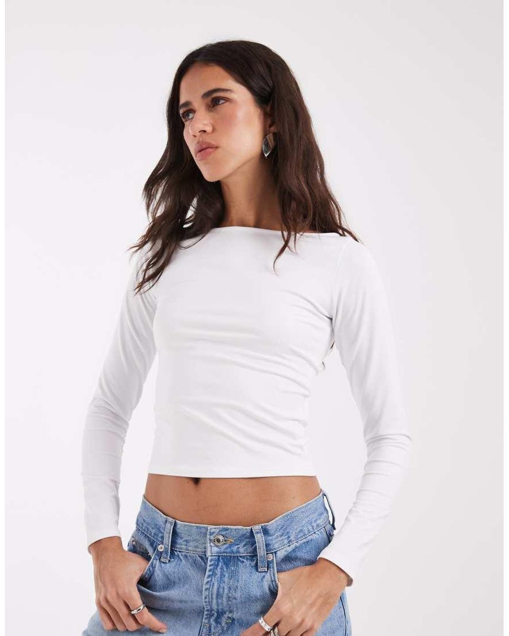 Hollister White Seamless Long Sleeve Slash Neck Top
