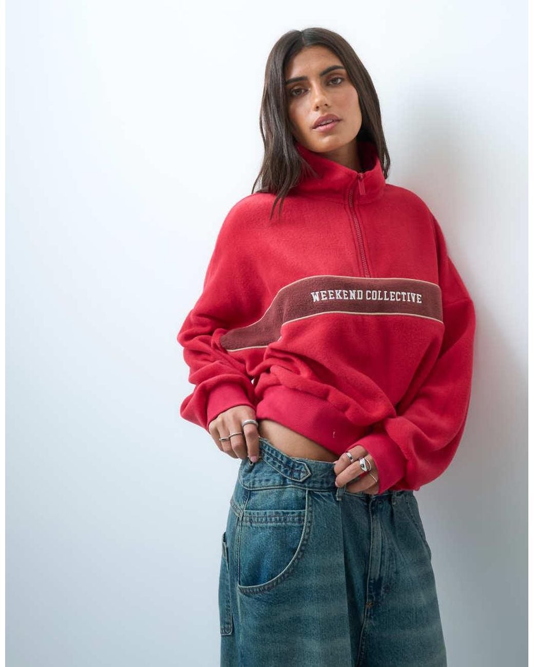 ASOS Red Weekend Collective Half Zip Polar Fleece With Stripe Logo Detail