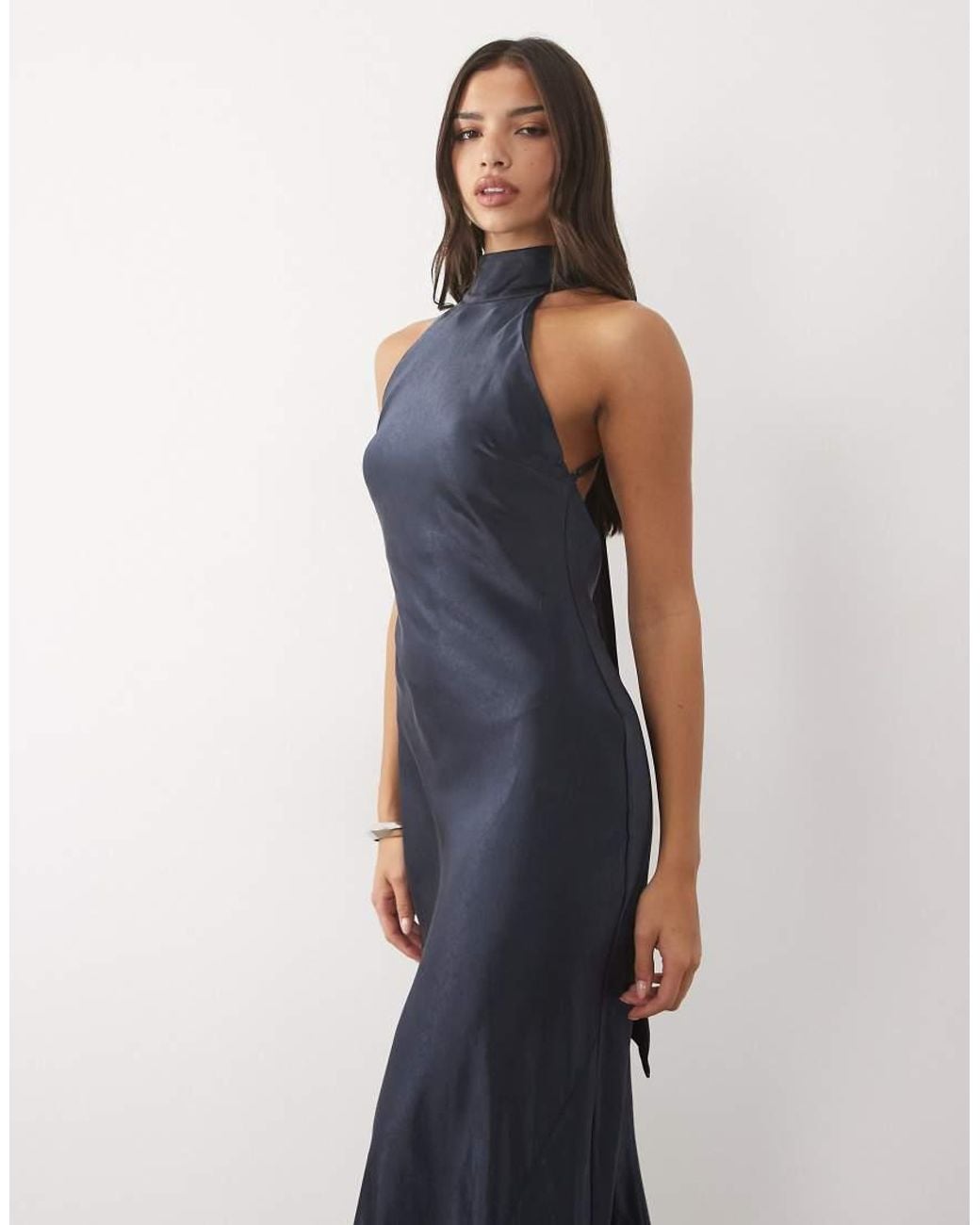 TFNC London Blue Satin High Neck Open Back Scarf Detail Maxi Dress