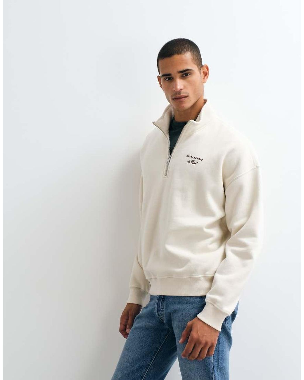 Abercrombie & Fitch White Script Logo Oversized 1/4 Zip Sweatshirt for men