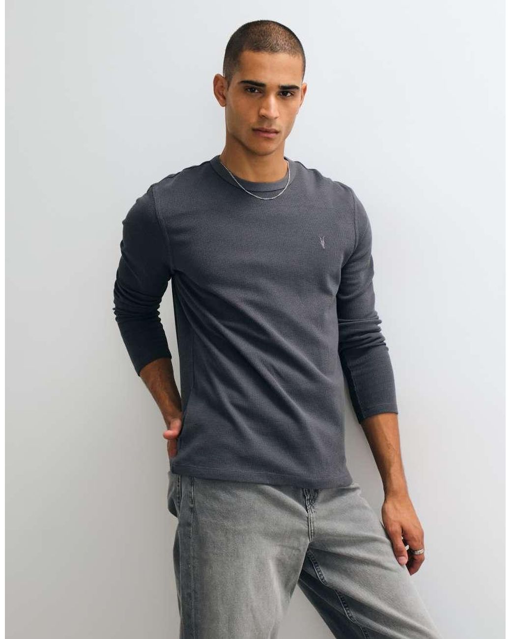 AllSaints Blue Ellis Long Sleeve Waffle Logo T-shirt for men