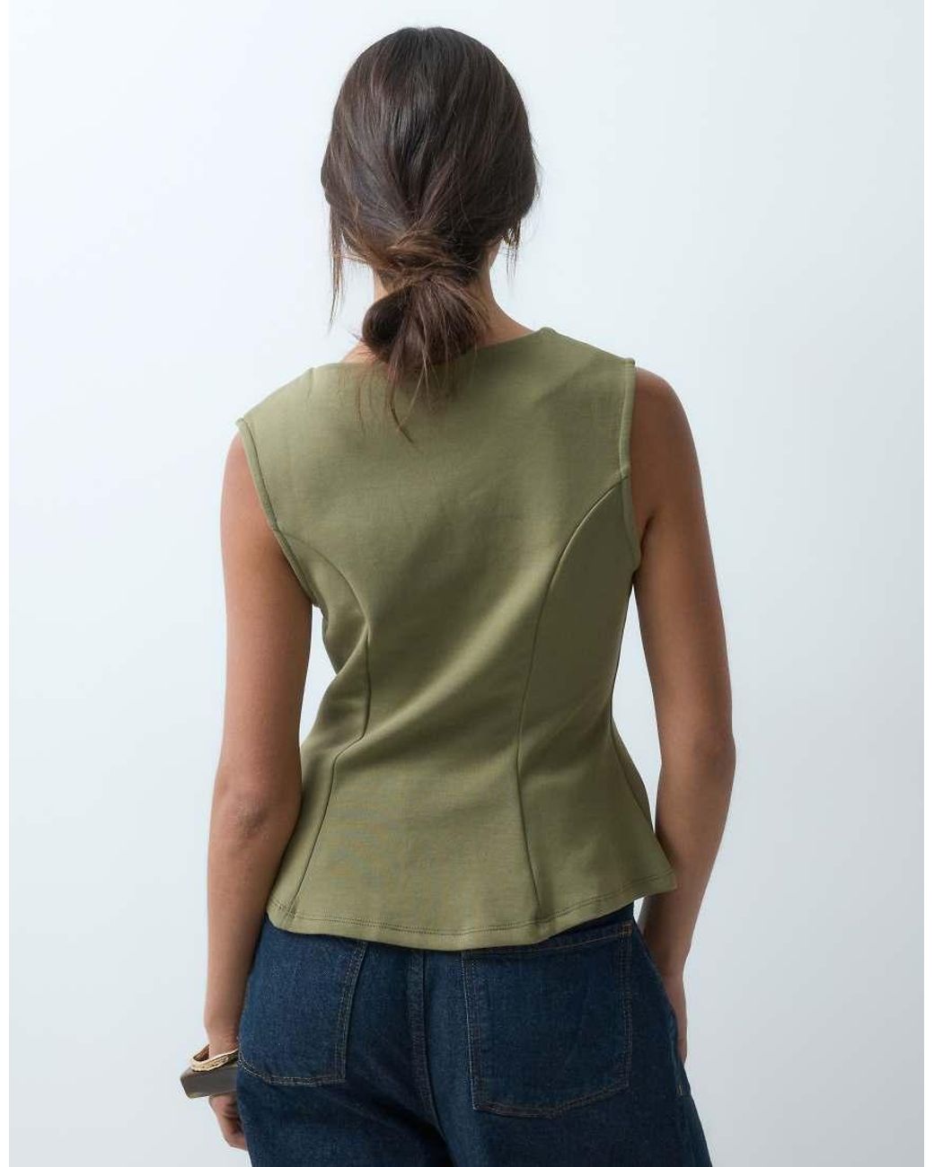 ASOS Green Interlock Sleeveless Peplum Top With Gold Abstract Button Detail
