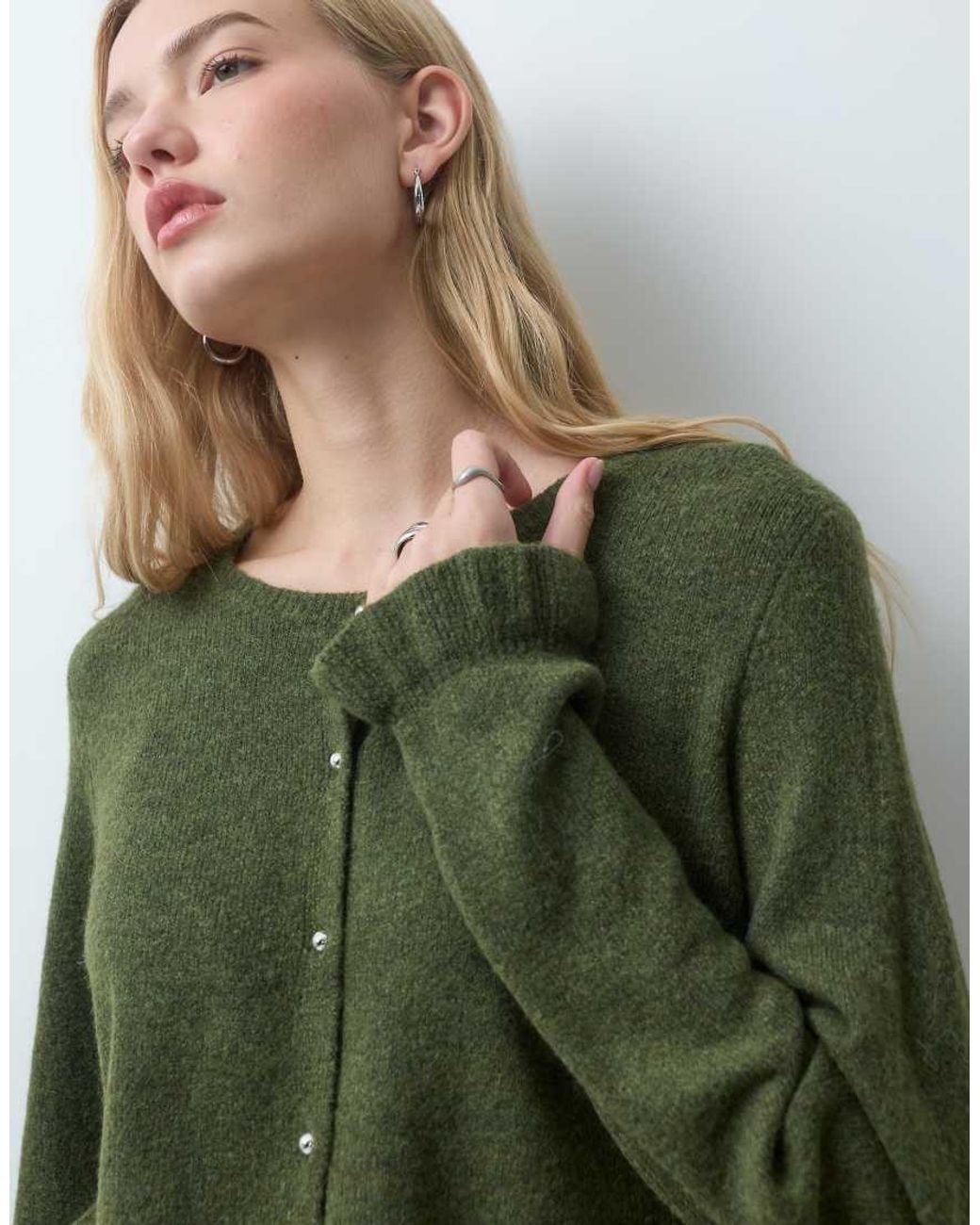 Pieces Green Frill Cuff Button Detail Cardigan