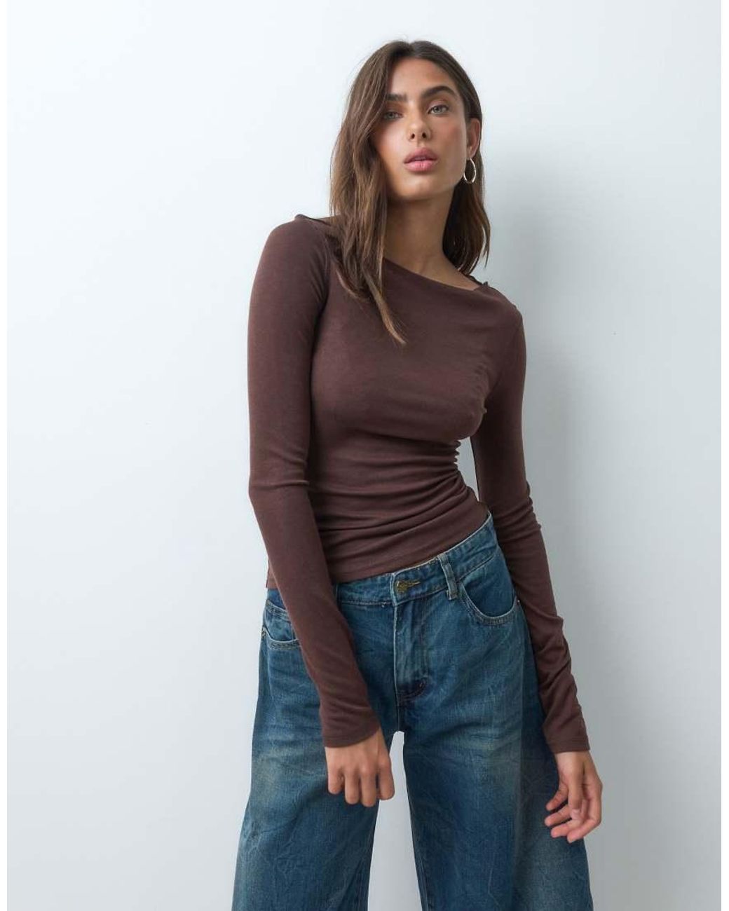 ASOS Blue Lyocell Blend Boat Neck Long Sleeve Top