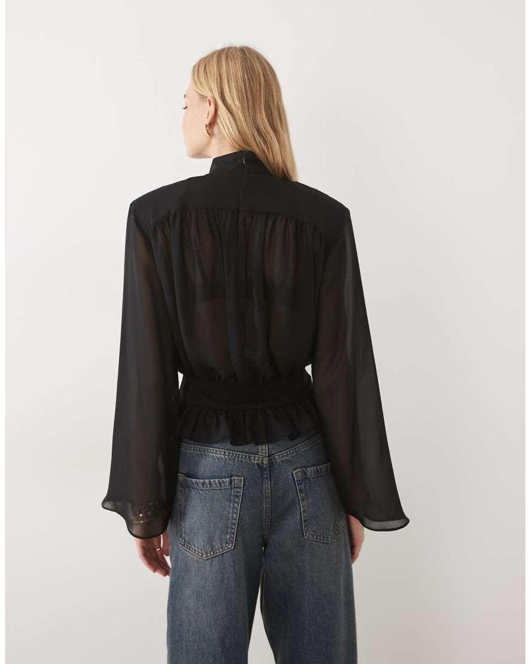 ASOS Black Frill Hem Gathered Blouse With Shoulder Pads