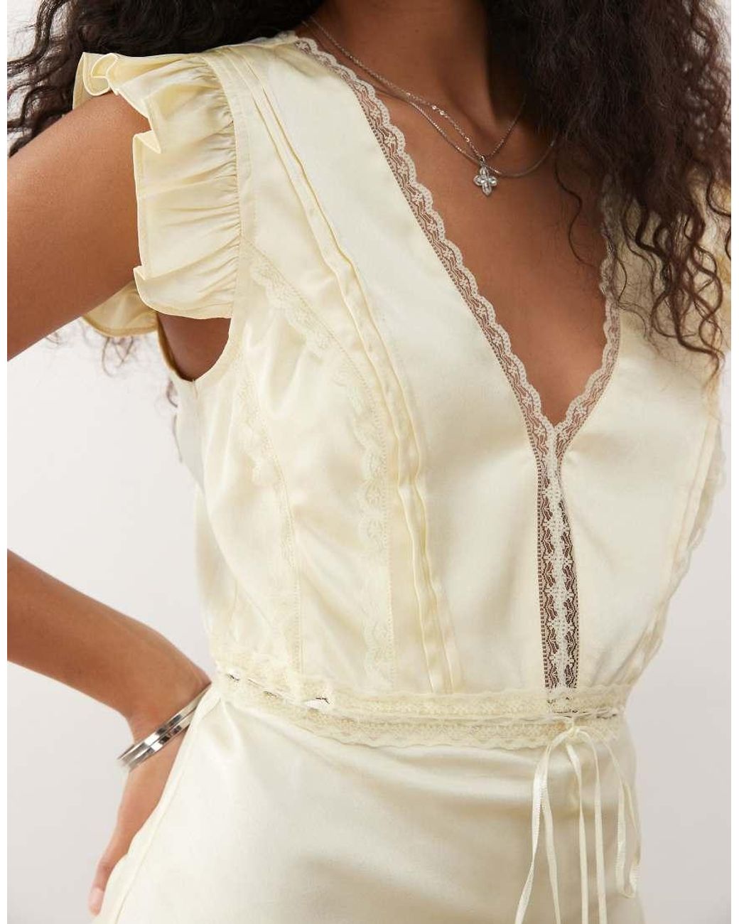 Reclaimed Vintage Natural Satin Tea Top With Pintucks And Lace Trims