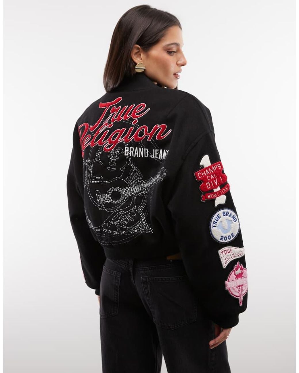 True Religion Black Embriodered Logo Relaxed Fit Hooded Varisty Bomber Jacket With Hood