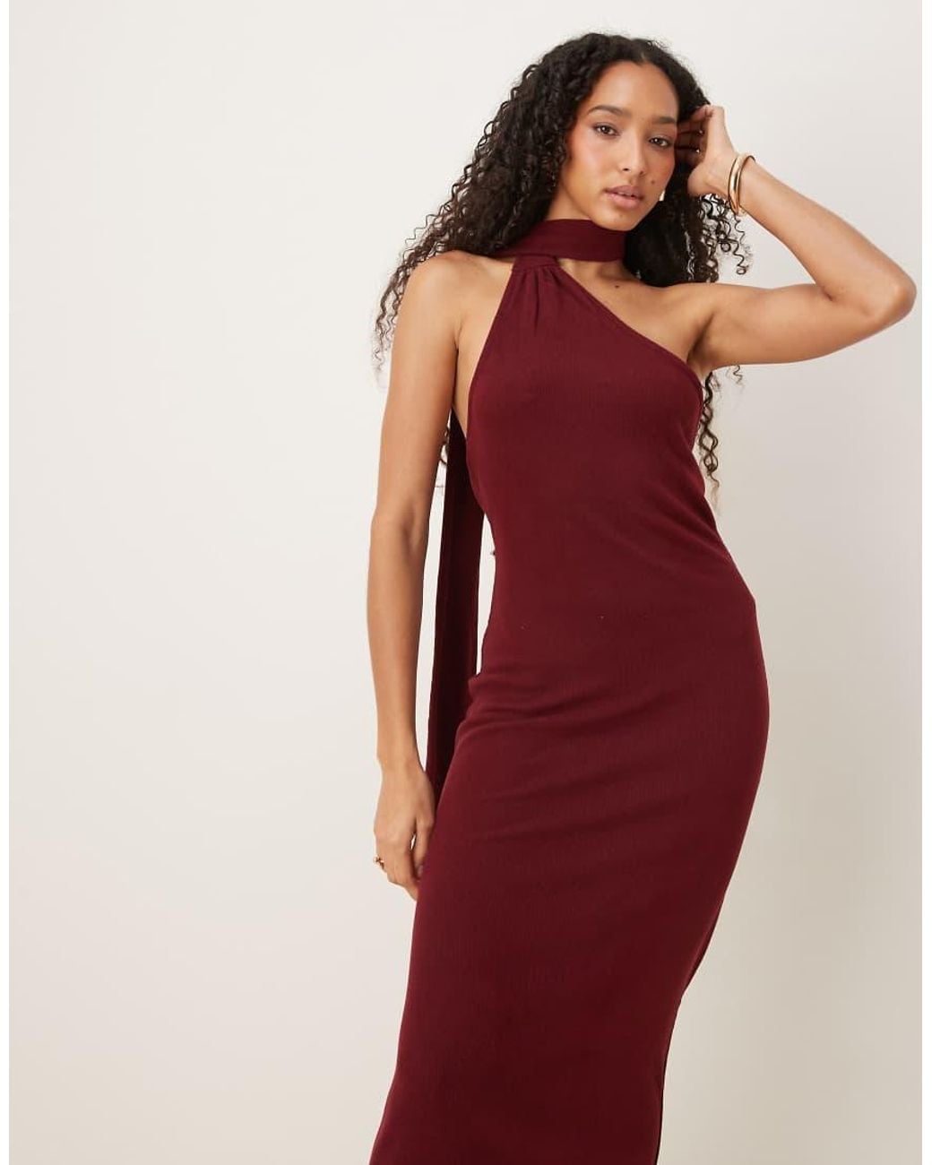 ASOS Red One-shoulder Scarf Neck Midi Dress