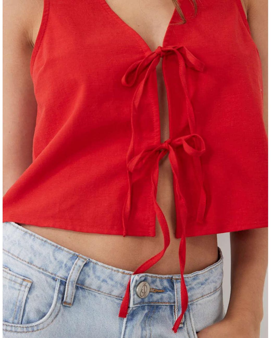 Miss Selfridge Red Linen Blend Tie Front Top