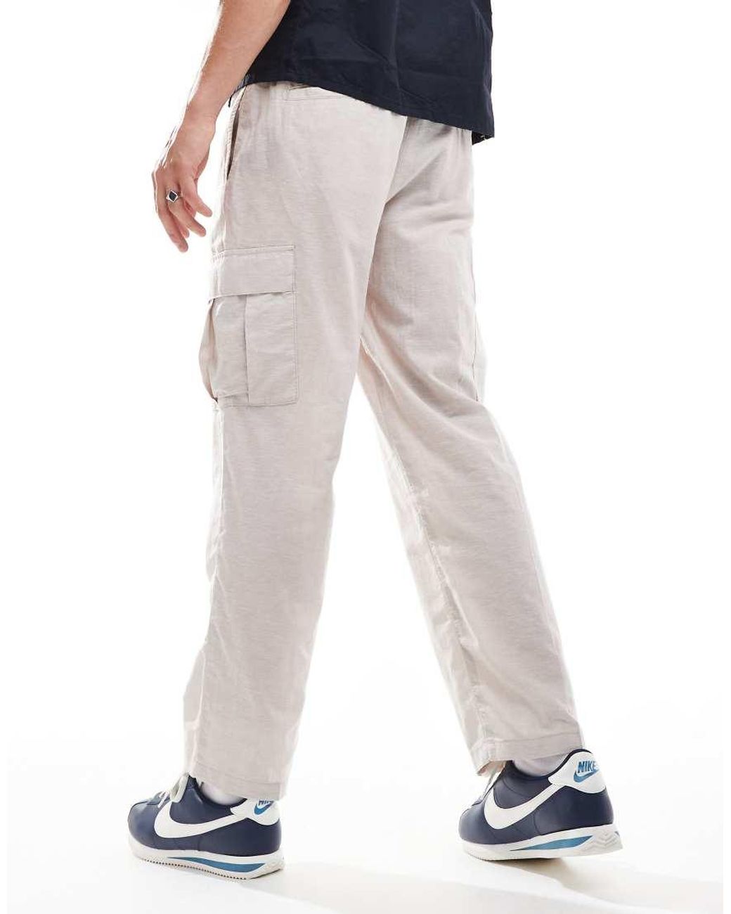 Jack & Jones White Tapered Linen Trouser With Cargo Pockets for men