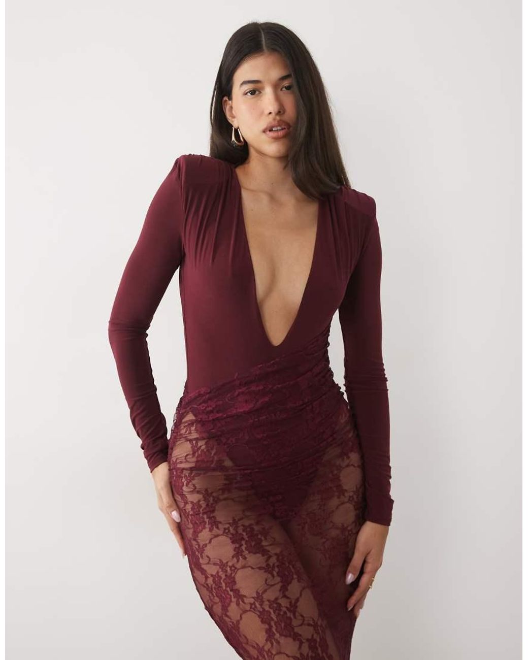 ASOS Red Long Sleeve Lace Maxi Dress With Drape Detail
