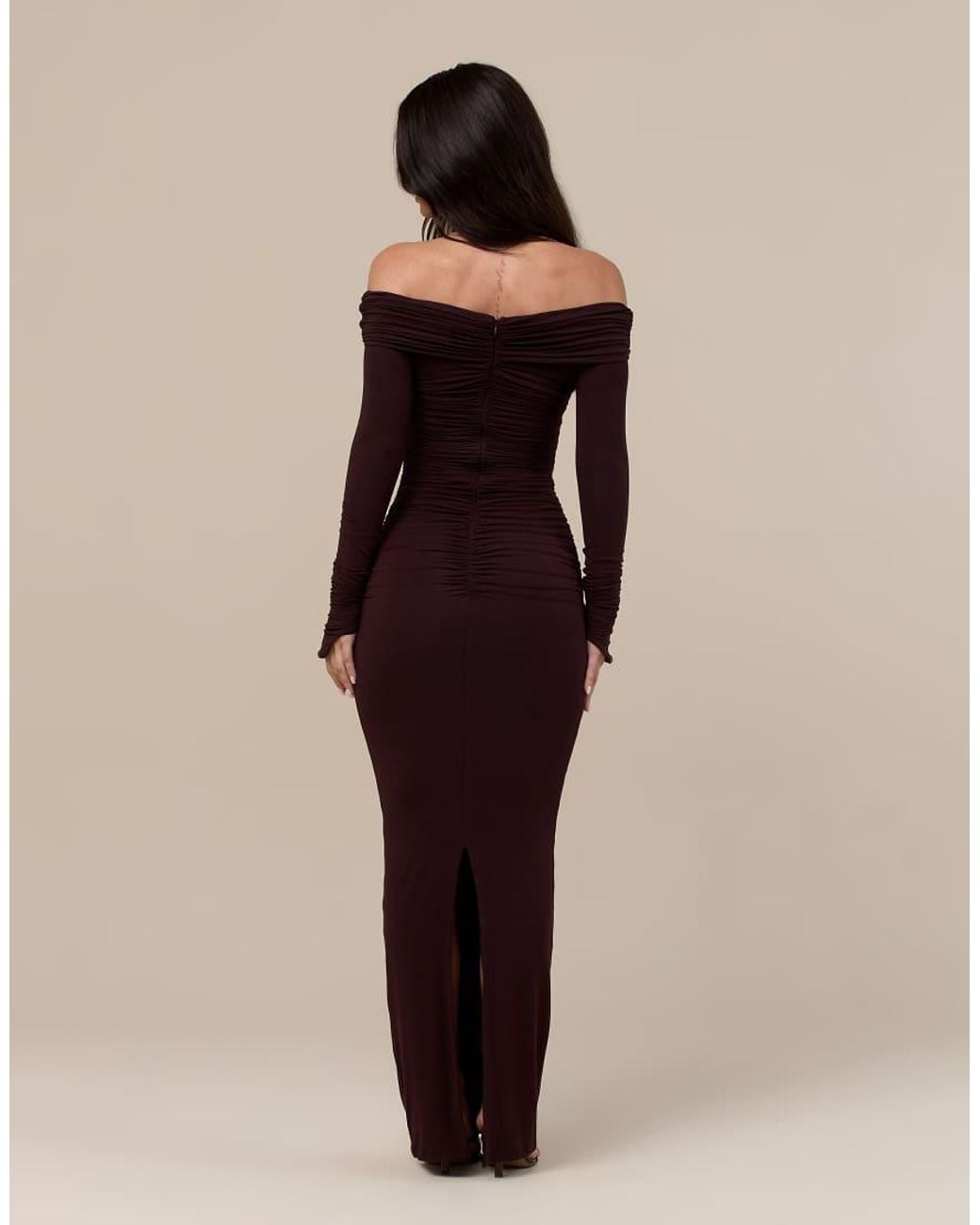 Wanderdoll Natural Wanderoll Tandie Sculpted Bardot Ruched Detail Maxi Dress