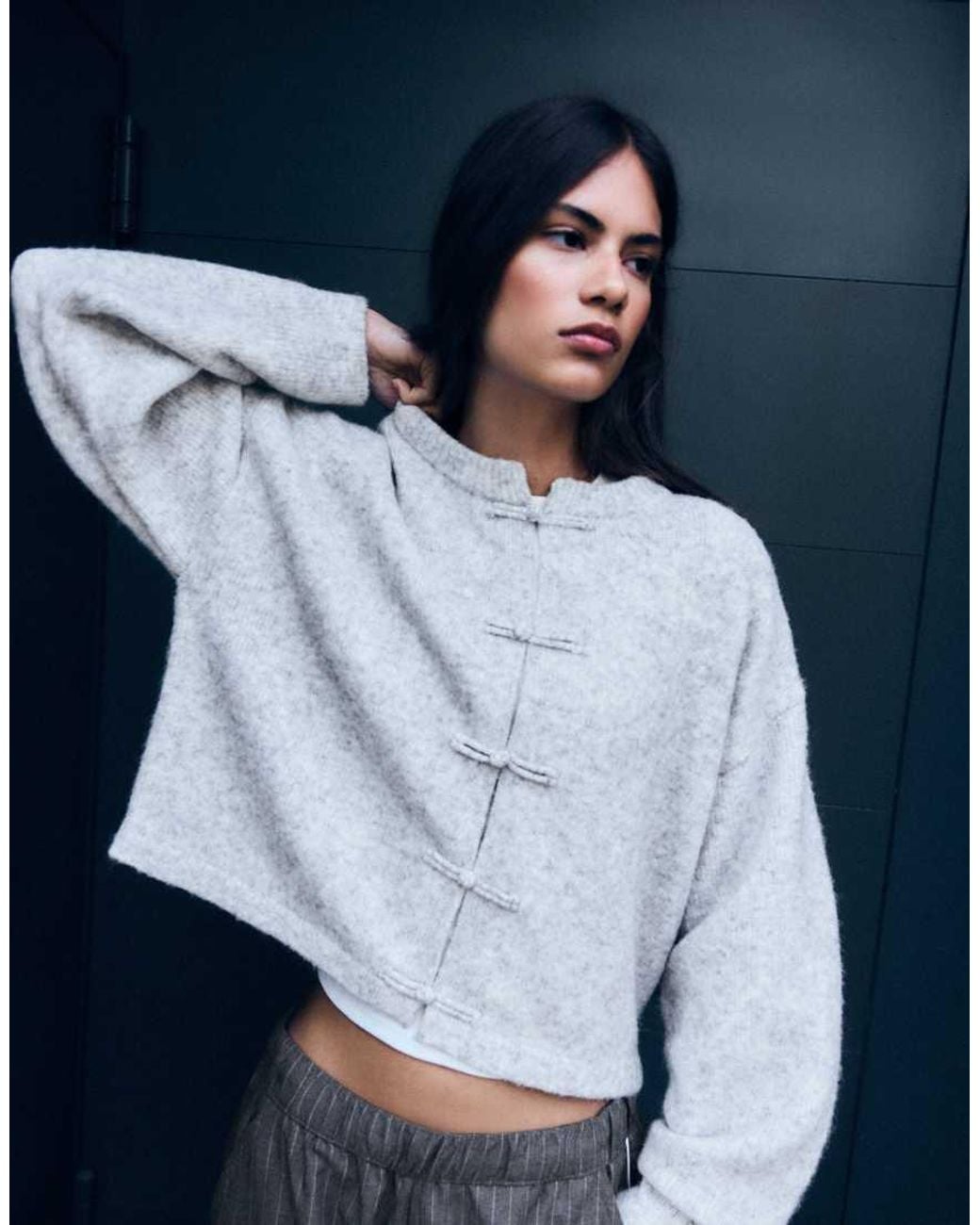 Bershka Blue Round Neck Cardigan With Clasps