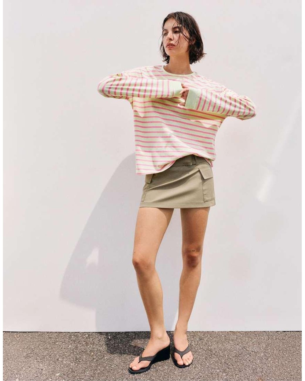Pull&Bear Natural Oversize Long Sleeve Striped T-Shirt