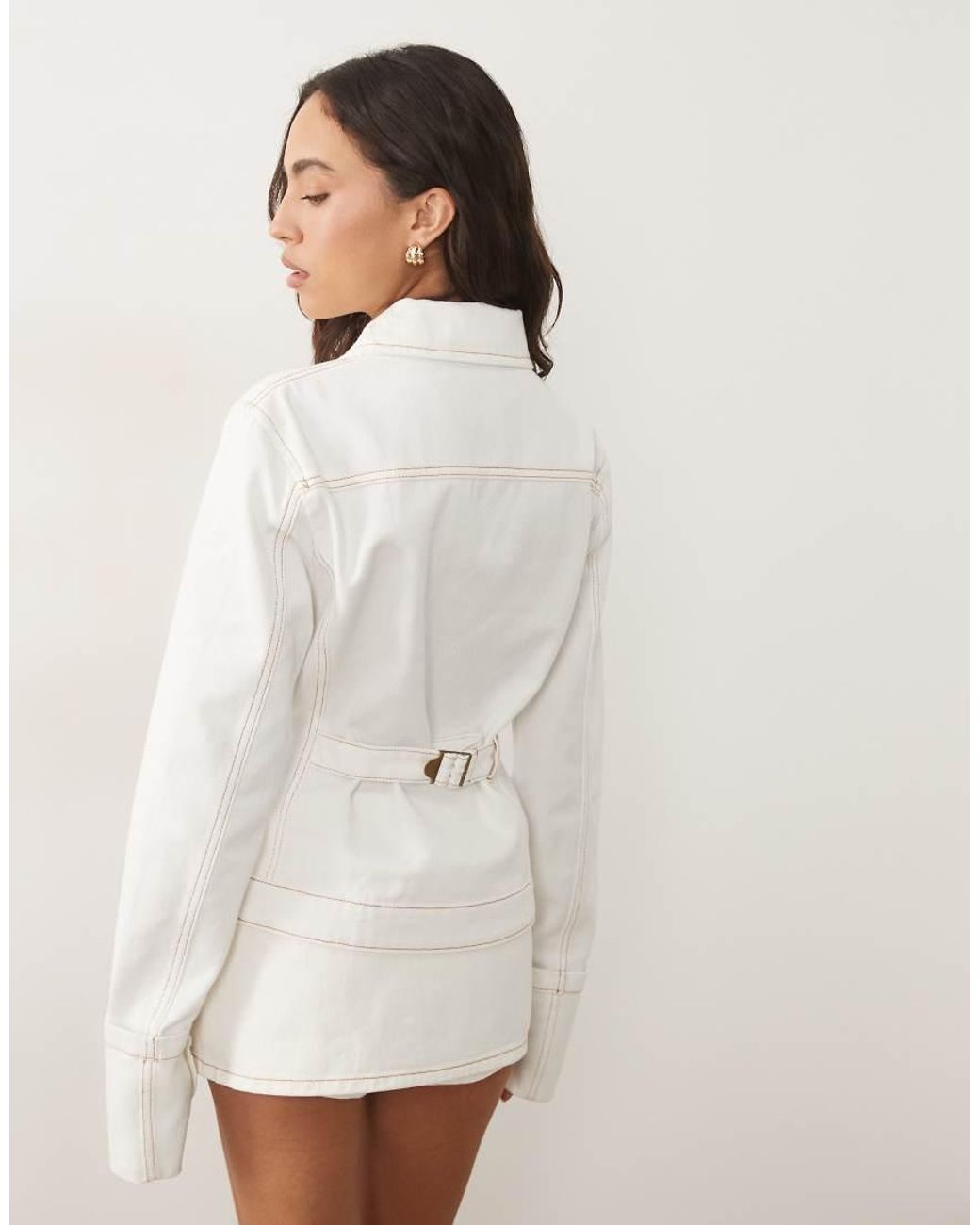Lioness White The Bronx Cotton Fitted Wide Cuff Detail Cinch Back Denim Jacket Co-ord