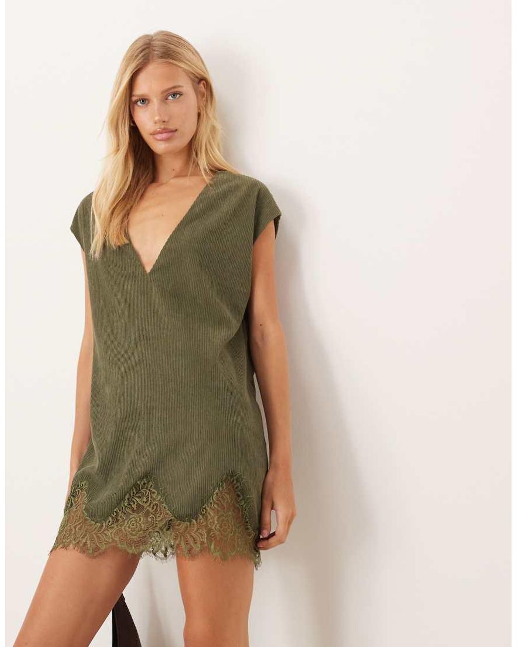 ASOS Green Cord V Neck Lace Trim Mini Shift Dress