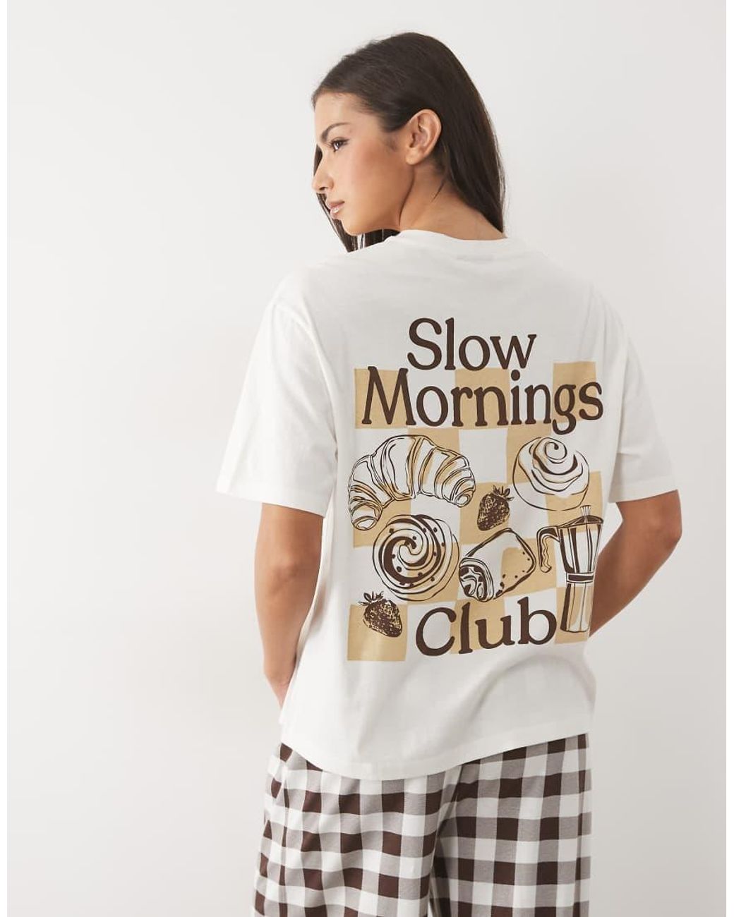 ASOS White Oversized Tee And Check Wide Leg Pant Pyjama Set With Slow Mornings Graphic
