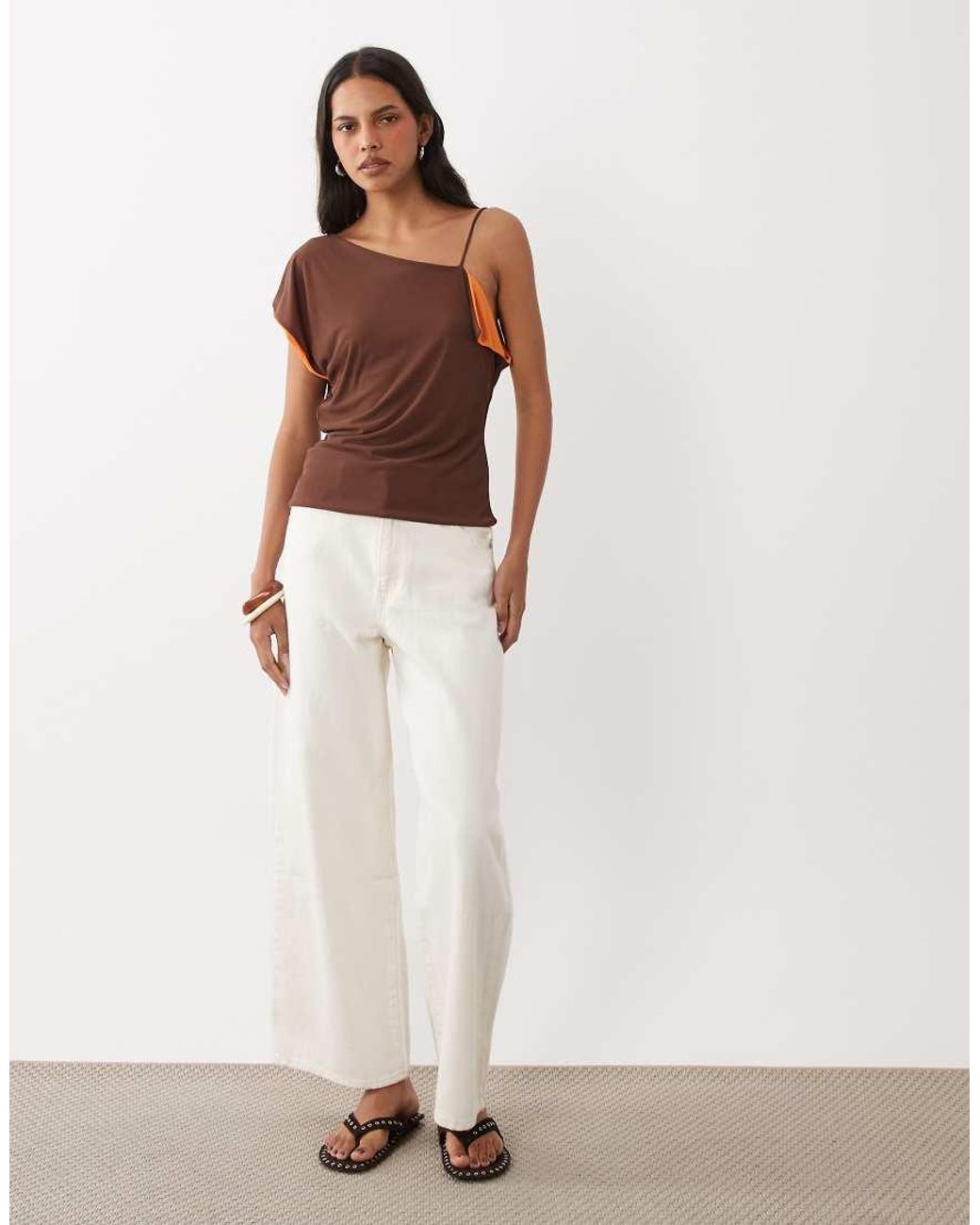 ASOS Brown Double Layer Contrast Mesh Asymmetric Tank Top