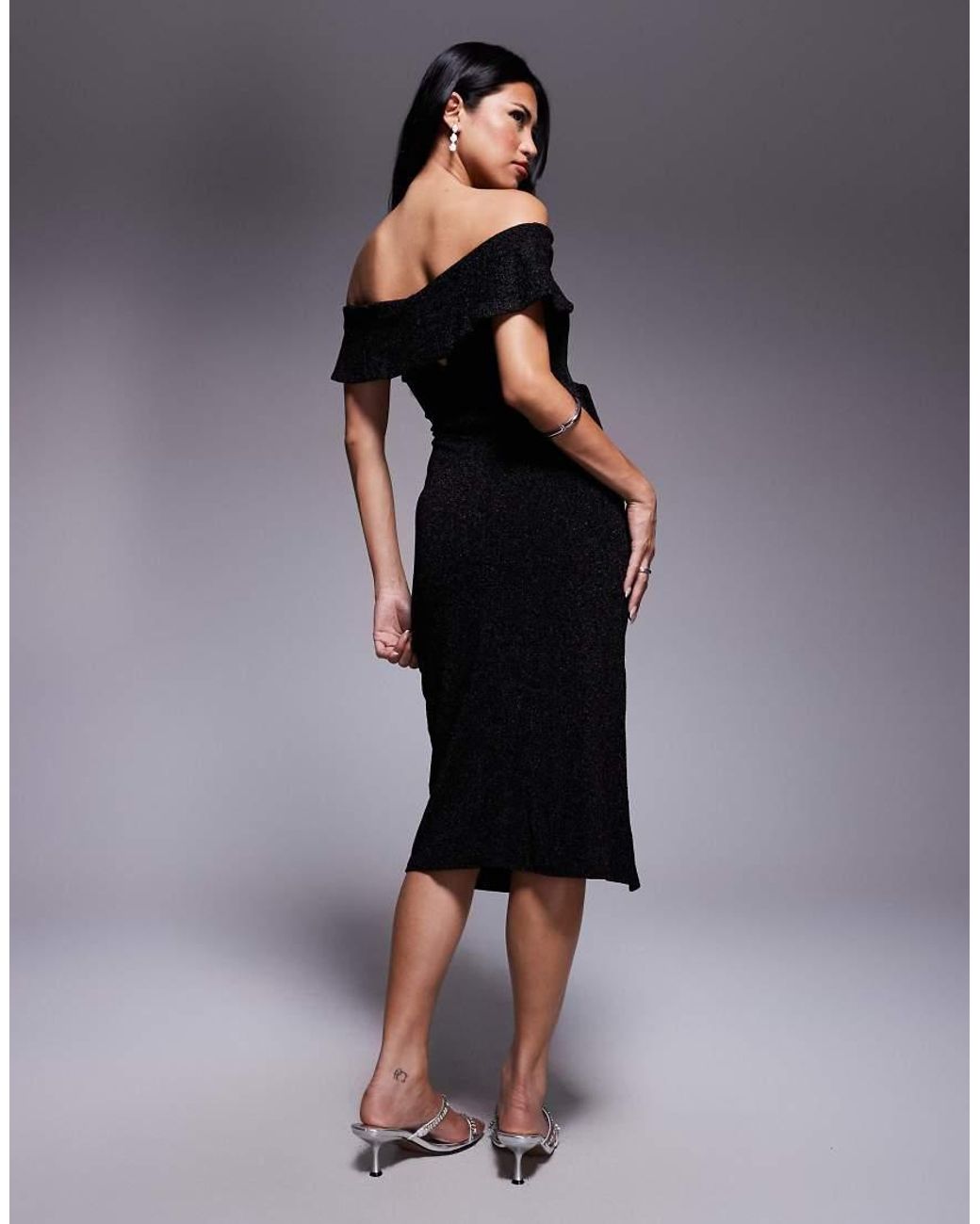 Goddiva Black Sparkling Bardot Midi With Waterfall Ruffle