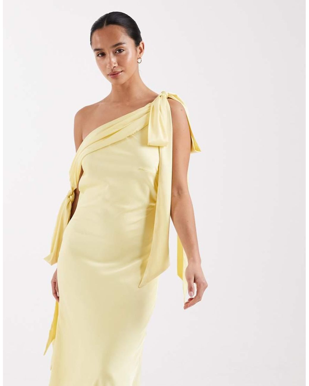 TFNC London Natural Bridesmaids Fallen Shoulder Satin Maxi Dress