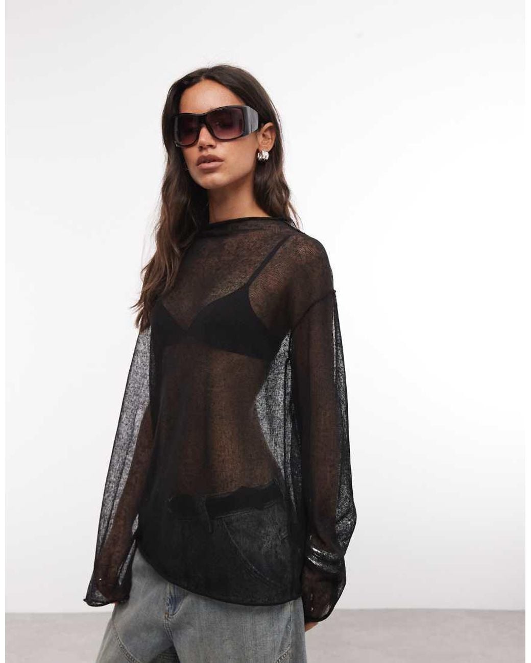 Weekday Gray Linen Blend Oversized Sheer Mock Neck Jumper