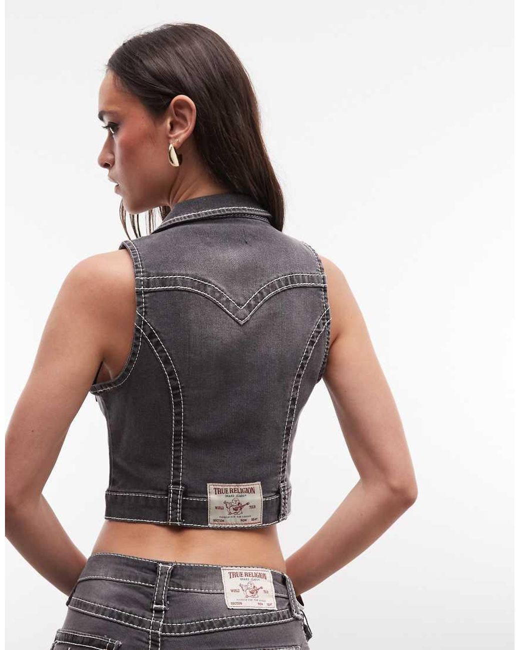 True Religion Gray Big T Denim Zip Up Crop Top Co-ord