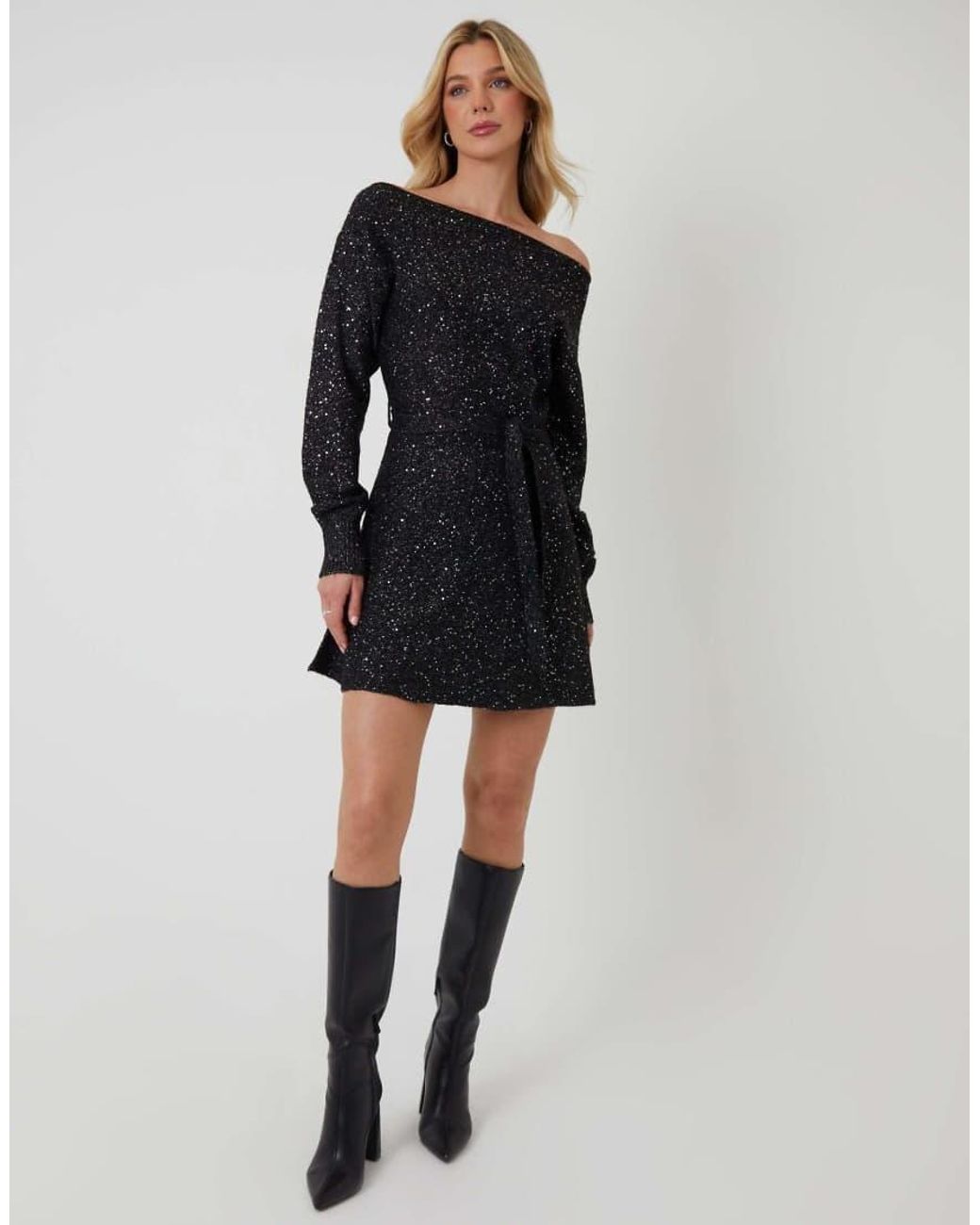 Threadbare Black Knitted Sequin Slash Neck Mini Dress