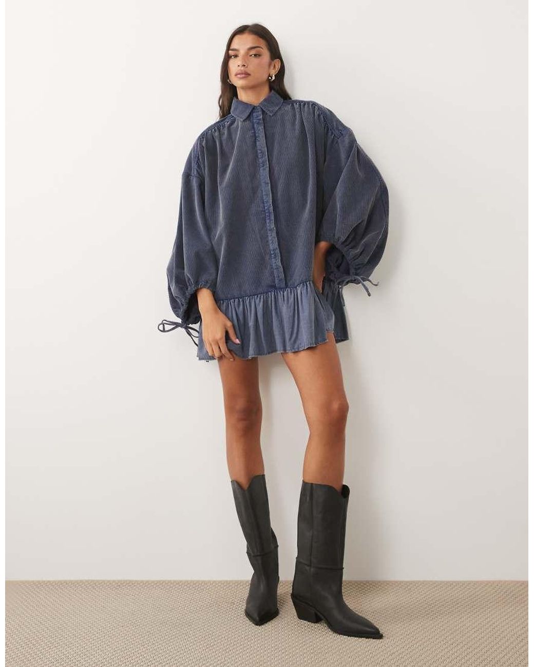 ASOS Blue Hybrid Cord Shirt Mini Dress With Balloon Sleeve And Voile Hem