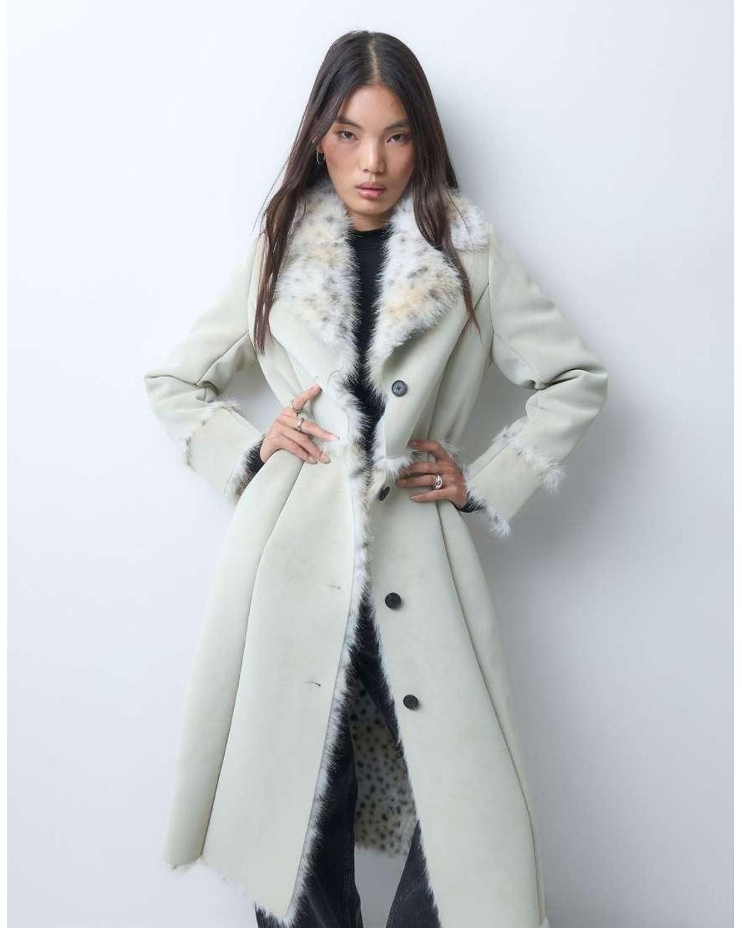 Reclaimed Vintage Blue Contrast Animal Faux Fur Longline Coat