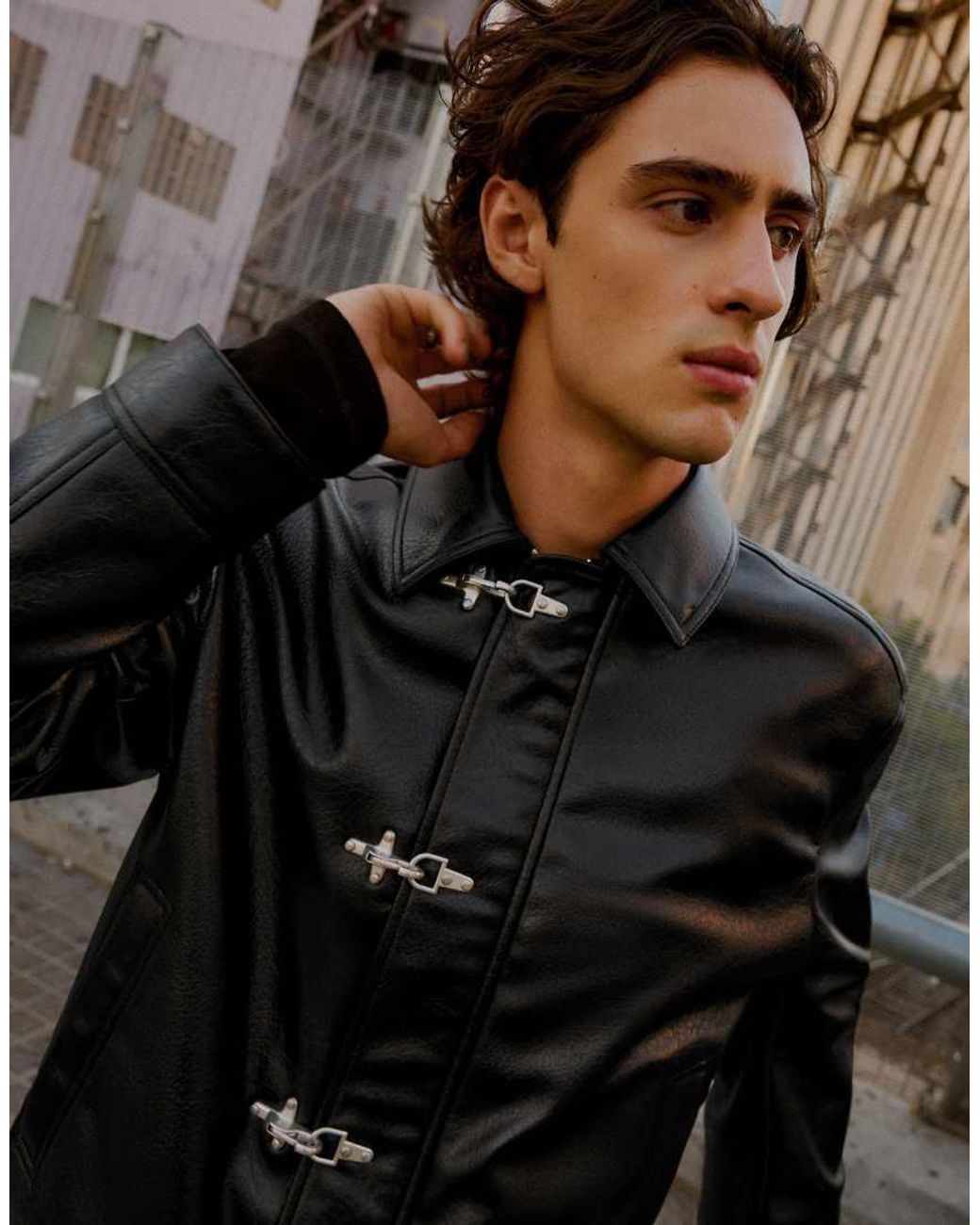 Bershka Brown Leather Effect Jacket With Clasps for men