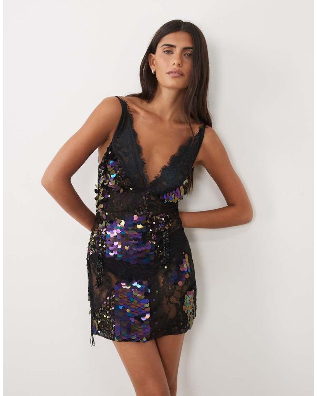 ASOS Black Sheer Lace Cami Mini Dress With Placement Embellishment