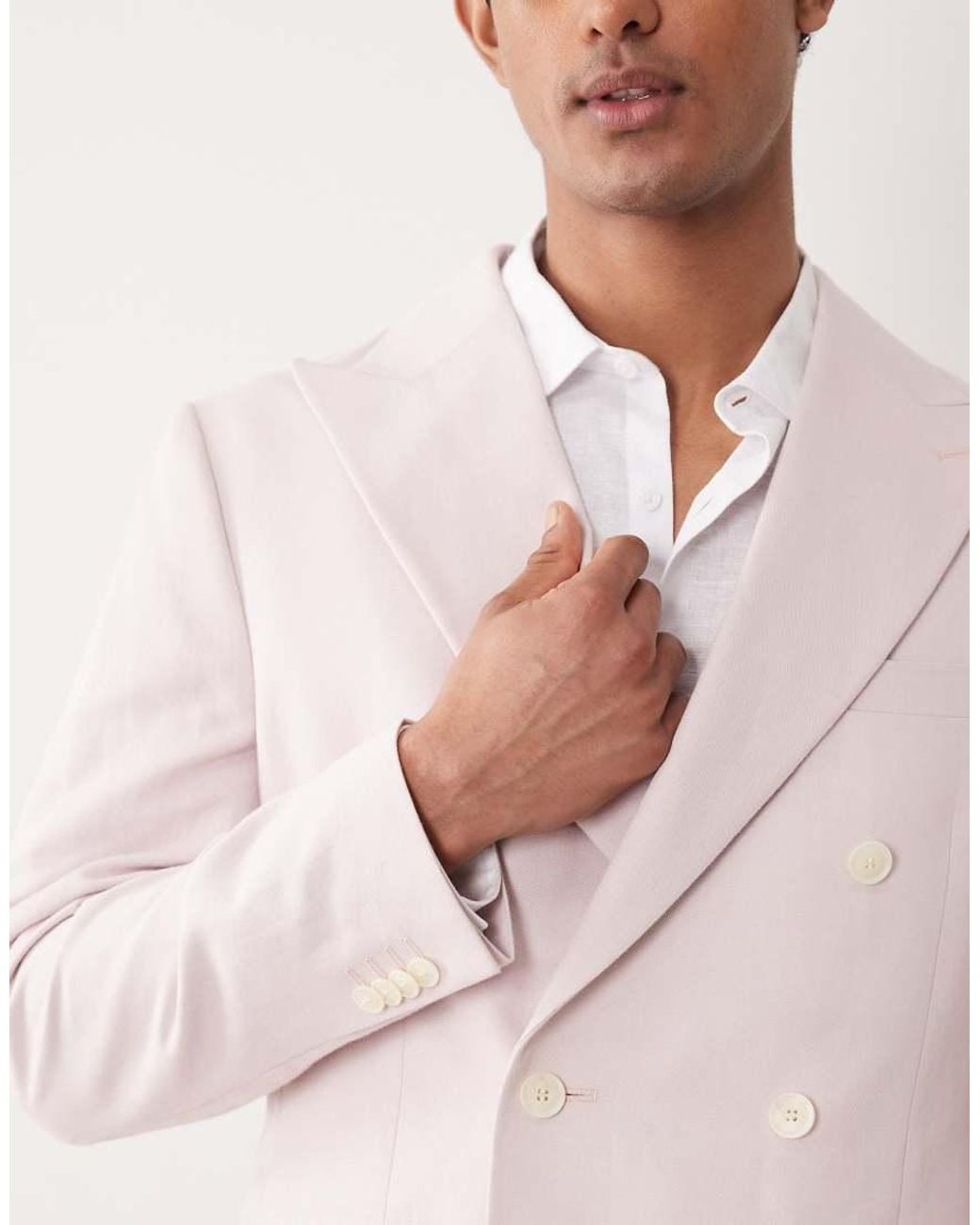 ASOS Pink Slim Linen Rich Double Breasted Suit Jacket for men
