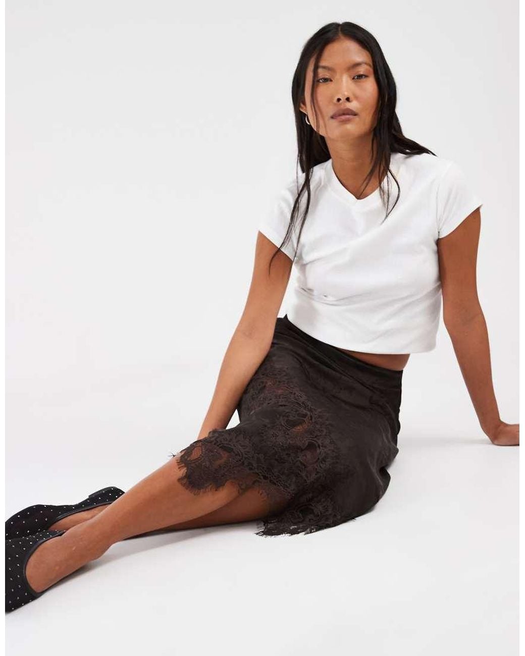 Vero Moda White Satin Midi Skirt With Lace Detail
