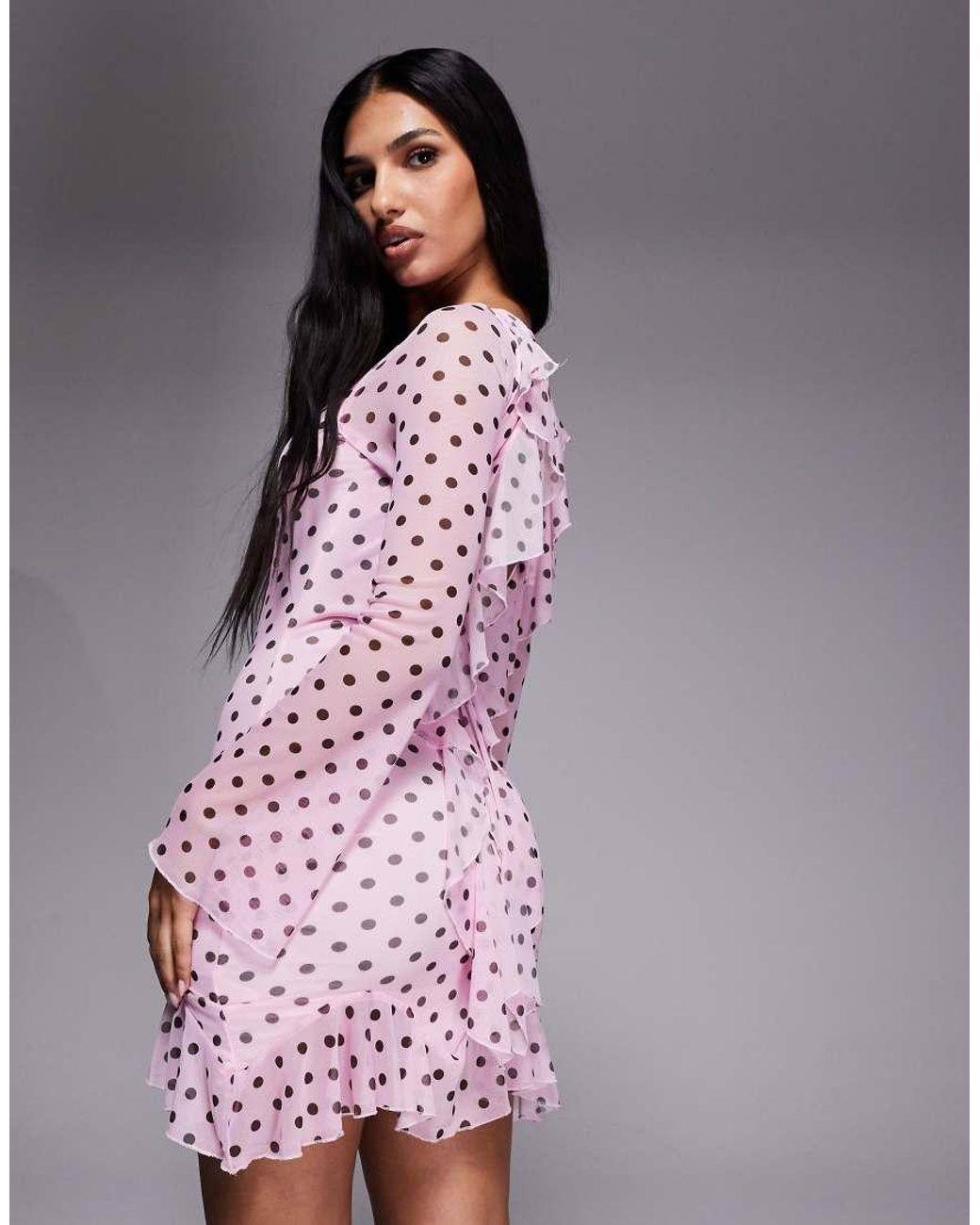 Kaiia Purple Exclusive Slinky Long Sleeve Ruffle Hem Open Back Mini Dress