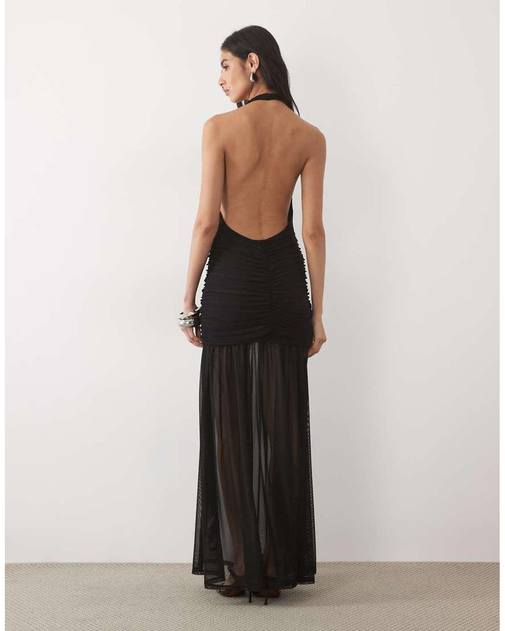 ASOS White Halter Neck Ruched Maxi Dress With Sheer Skirt
