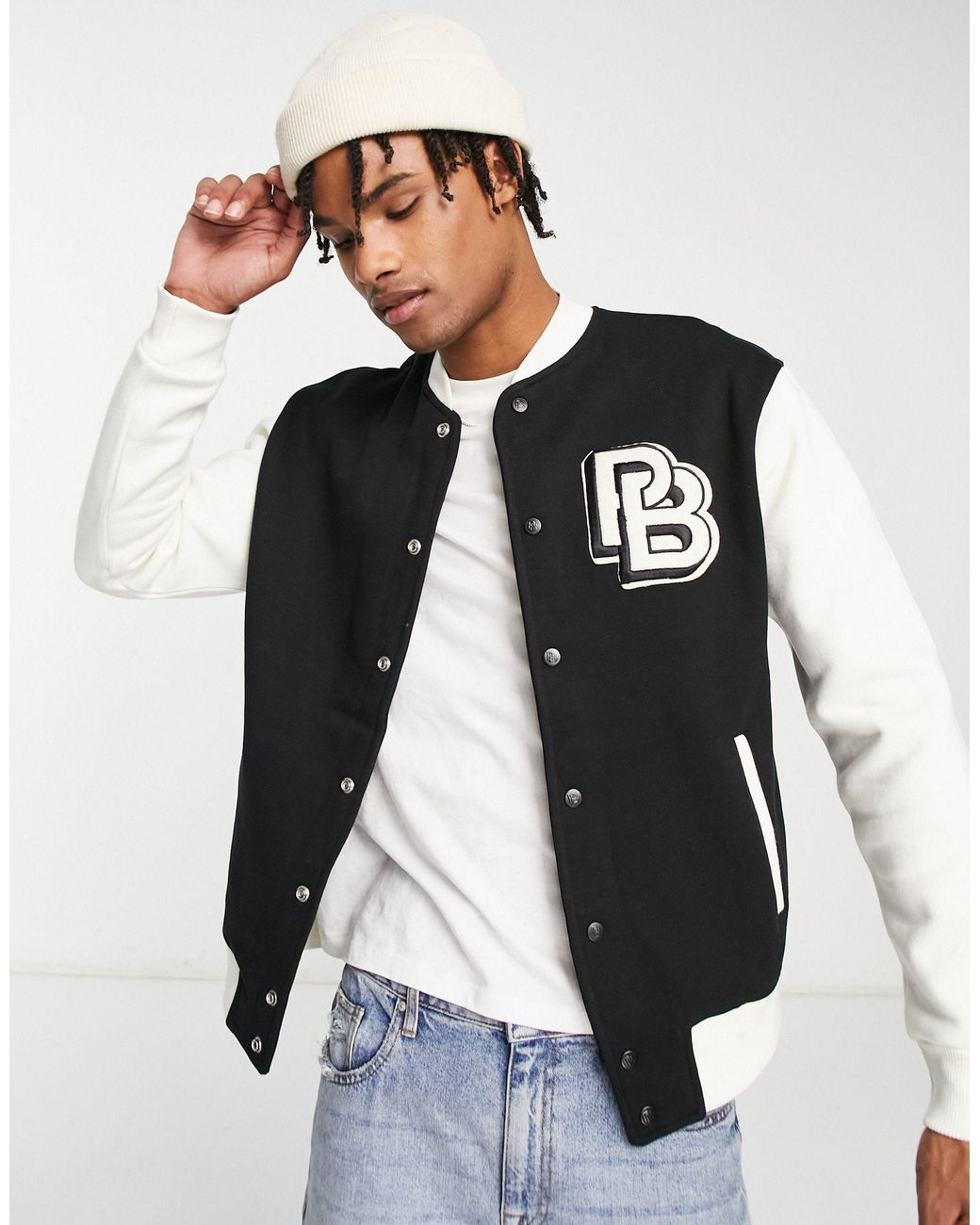 Pull&Bear Jersey Varsity Bomber Jacket in Black for Men | Lyst