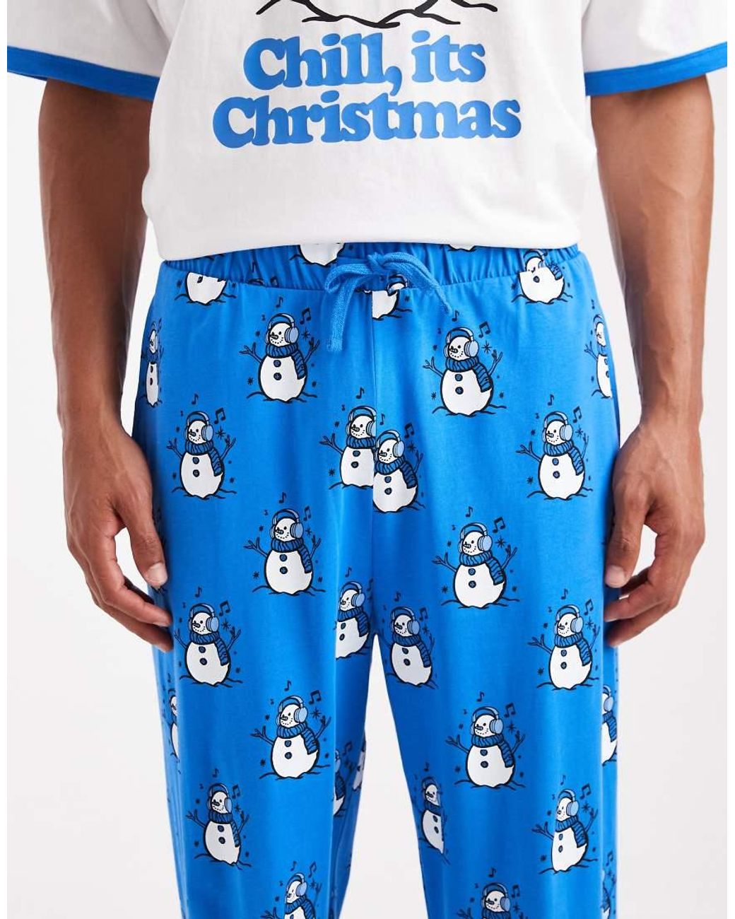 ASOS Blue Christmas Pyjama Set With Snowman Graphic for men