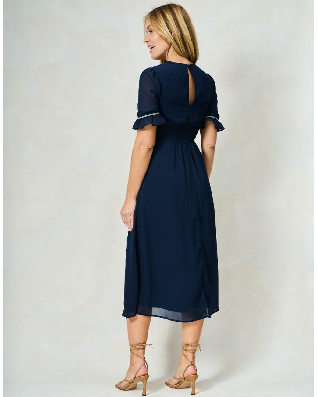 Hope & Ivy Blue The Ingrid Floral Embroidered Midi Dress With Frill Sleeves And Button Front