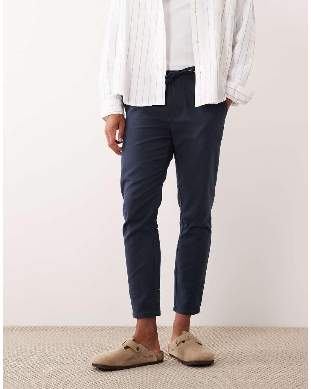Only & Sons Blue Linen Mix Cropped Trouser for men