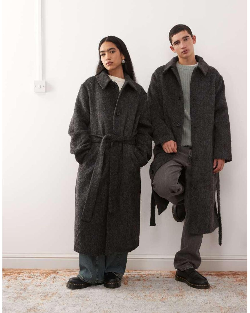 Reclaimed Vintage Black Unisex Wool Look Single Breasted Belted Coat