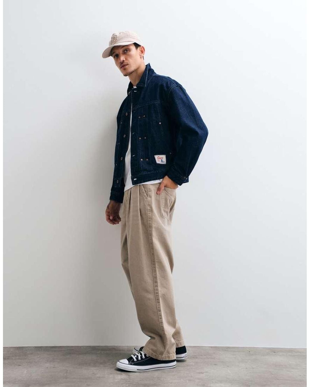 Dime Blue Boxy Fit Pleated Logo Patch Denim Jacket