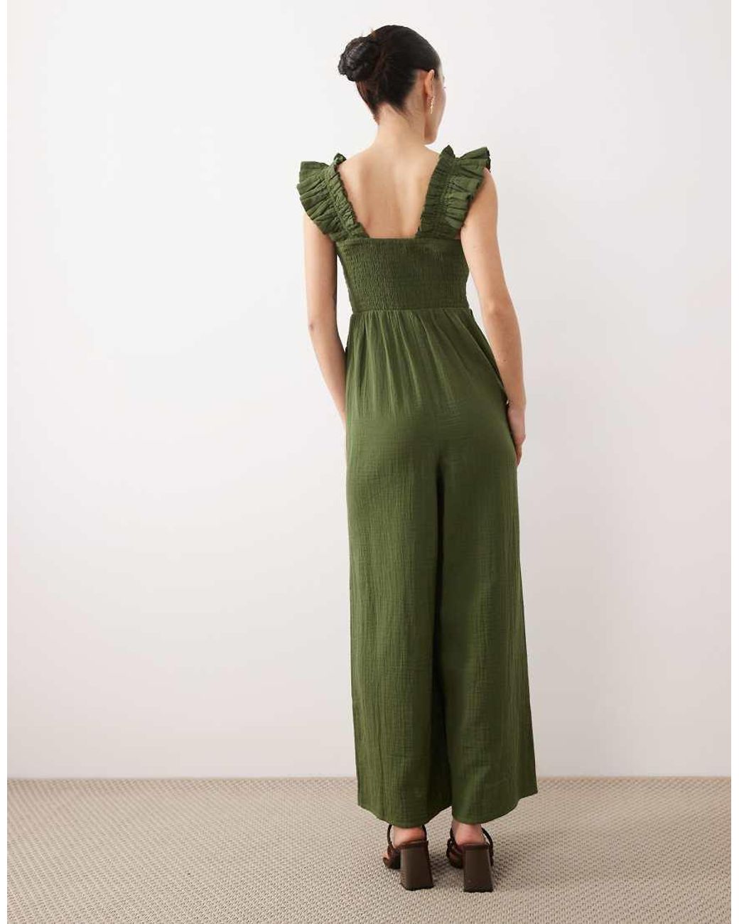 Nobody's Child Petite Green Maya Cotton Ruffle Detail Square Neck Jumpsuit