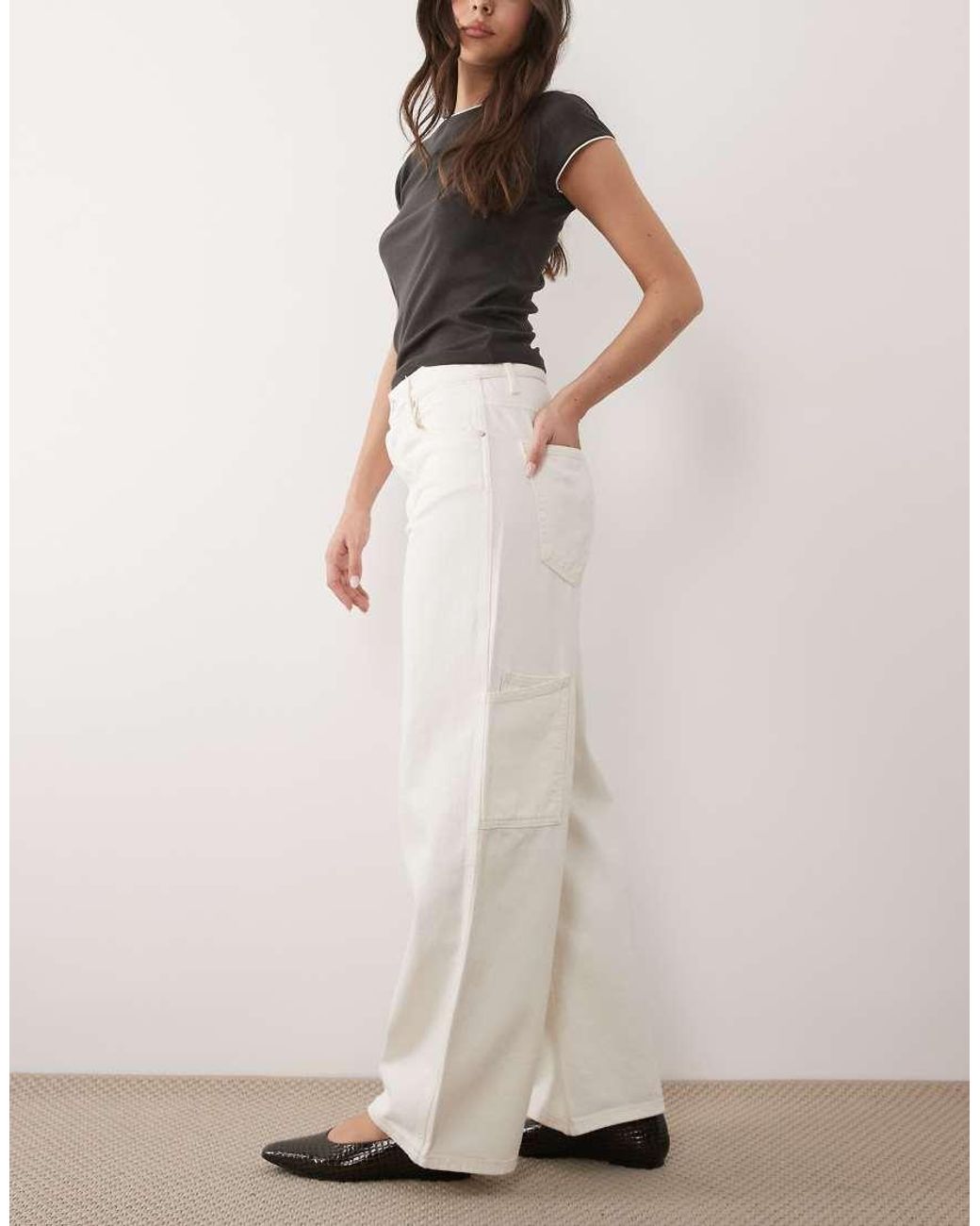 Mango White Rowan 100% Cotton baggy Utility Jean