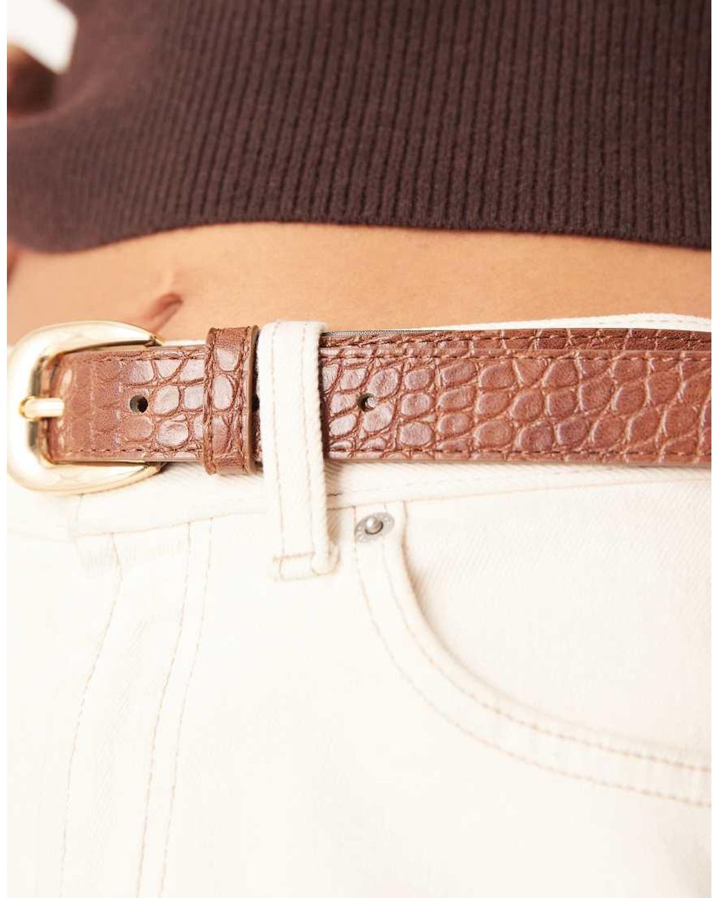 Mango Brown Faux Croc Belt With Gold Buckle