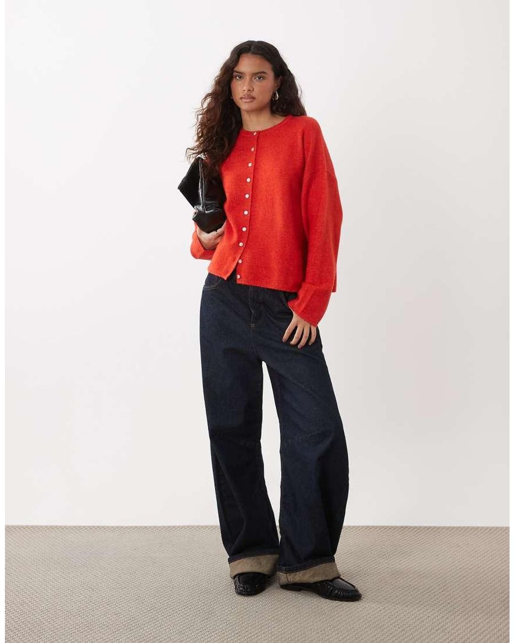ASOS Red Fluffy Relaxed Crew Neck Cardigan