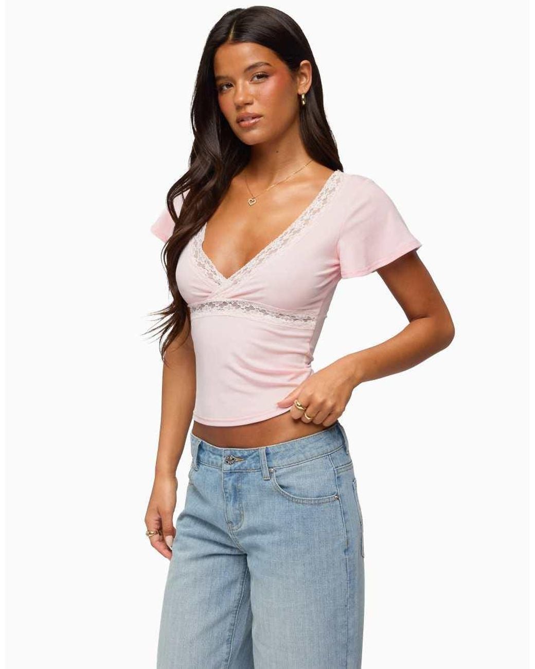 Edikted Gray Yvetta Lacey Flutter Sleeve Top