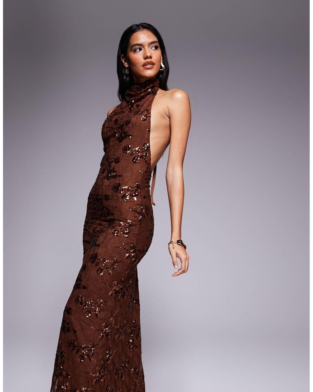 ASOS Sequin Lace Draped Halterneck Maxi Dress With Open Back in Brown | Lyst