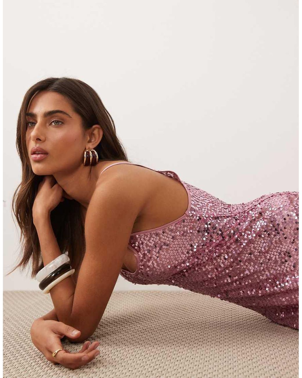 ASOS Pink Embellished Sheer Scattered Sequin Cami Maxi Dress