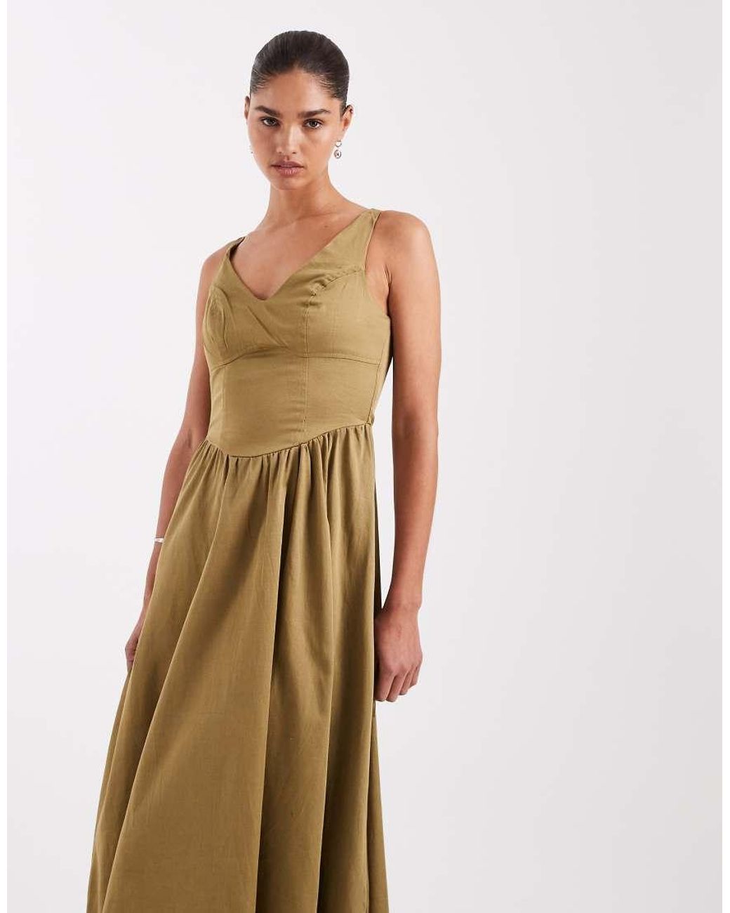 ASOS Natural Waisted V Neck Maxi Dress With Seaming Details